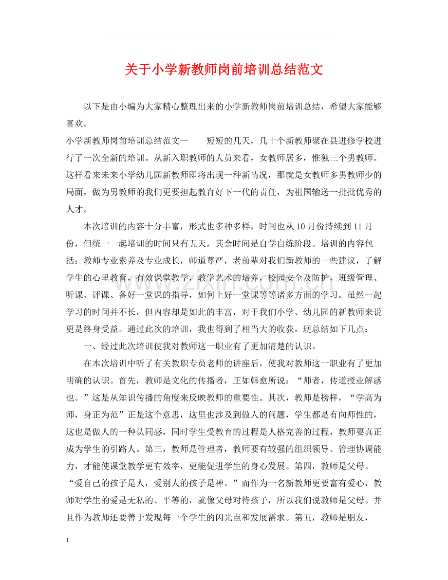 关于小学新教师岗前培训总结范文.docx_第1页