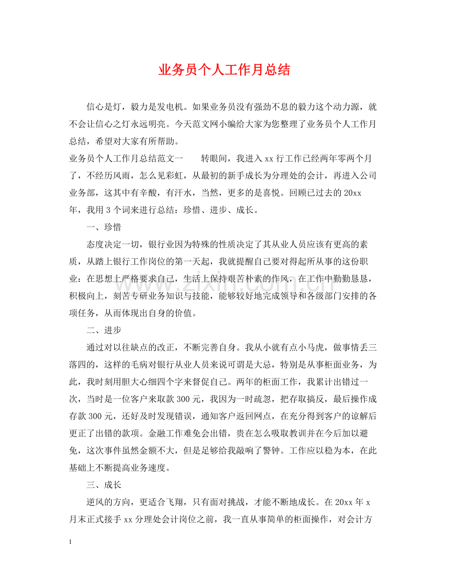 业务员个人工作月总结.docx_第1页