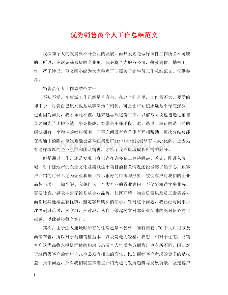 优秀销售员个人工作总结范文.docx_第1页