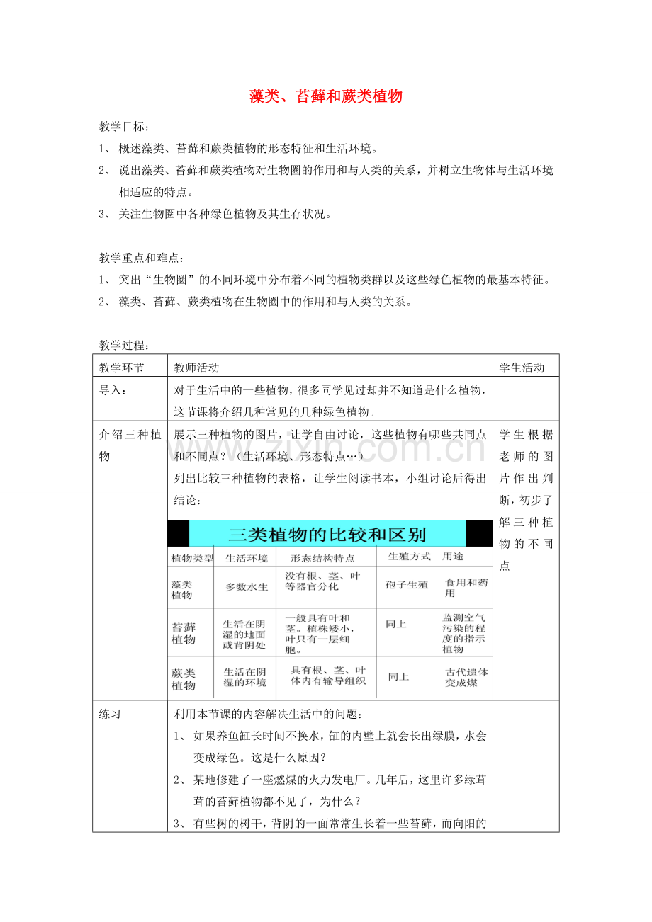 七年级生物上册 3.1.1藻类、苔藓和蕨类植物教案1 （新版）新人教版-（新版）新人教版初中七年级上册生物教案.doc_第1页