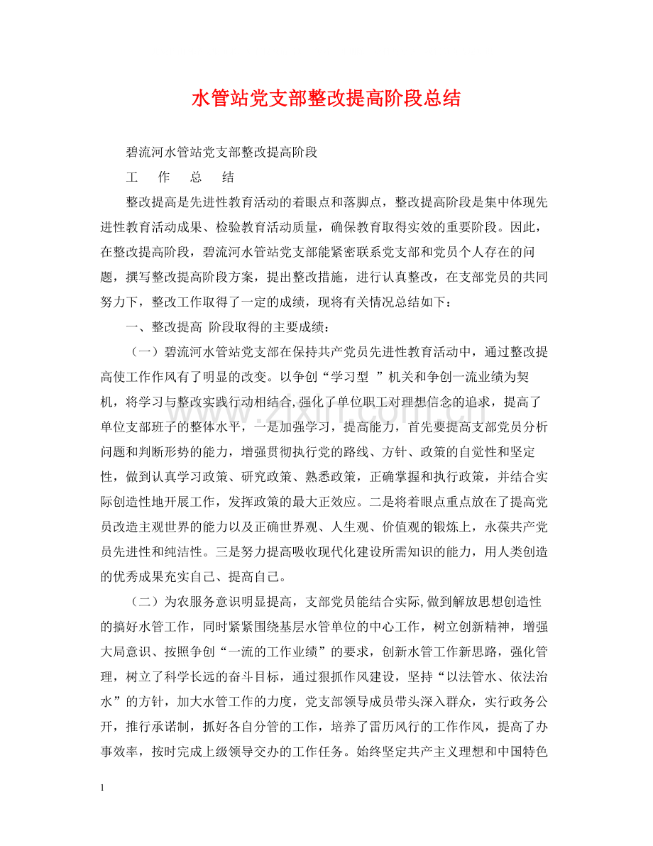 水管站党支部整改提高阶段总结.docx_第1页