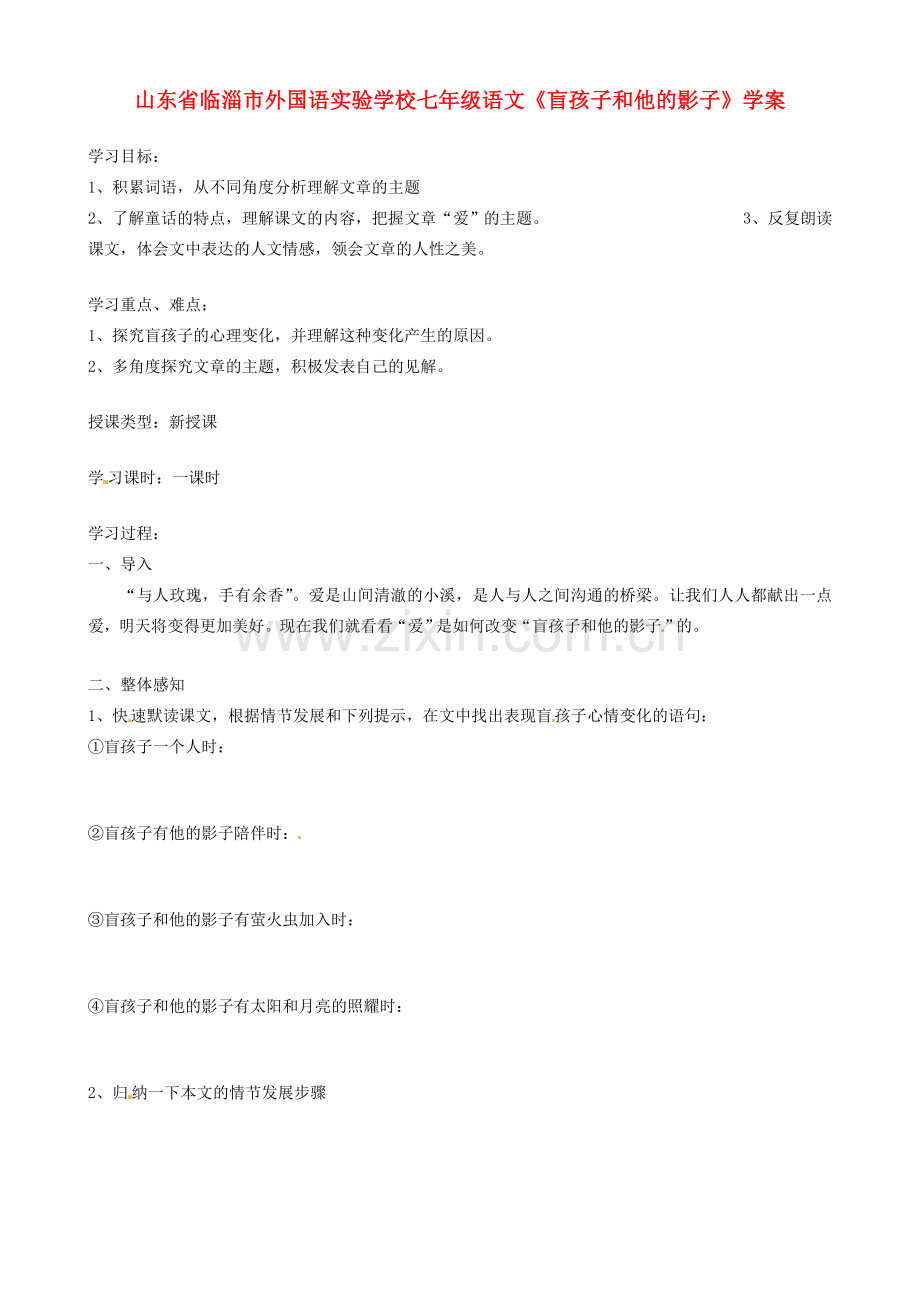 山东省临淄市外国语实验学校七年级语文上册《盲孩子和他的影子》教案 新人教版.doc_第1页