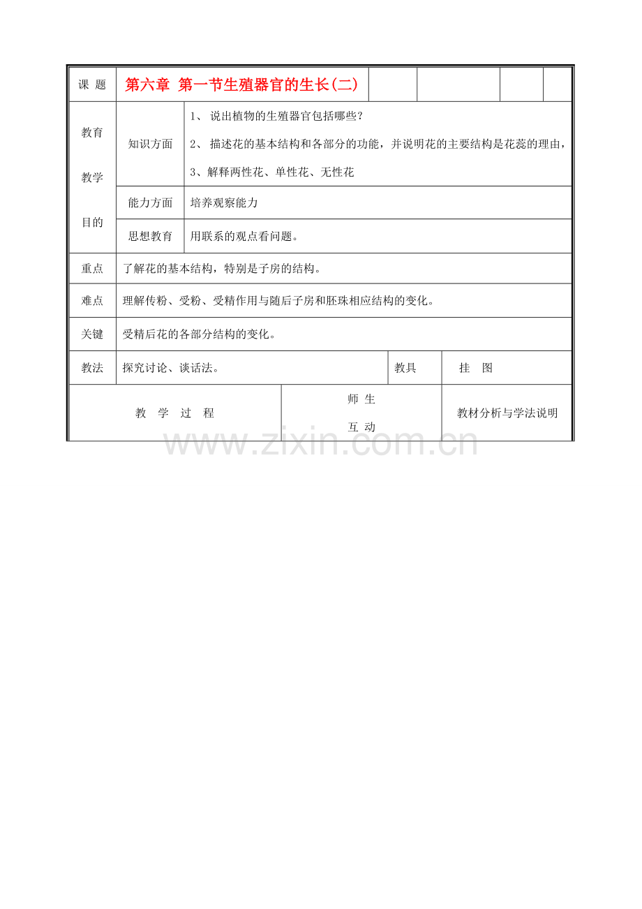 七年级生物上册《生殖器官的生长》教案2 北师大版.doc_第1页