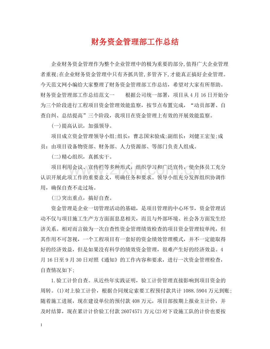 财务资金管理部工作总结.docx_第1页
