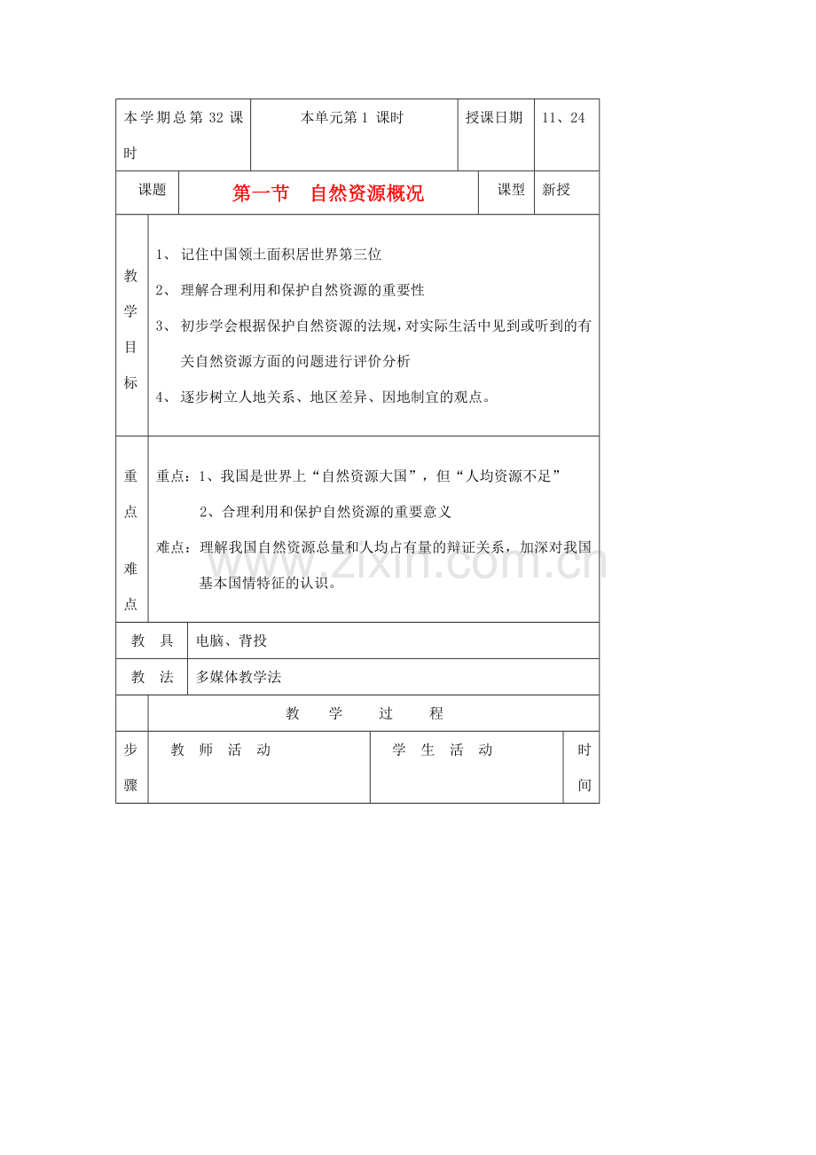 八年级地理上册 第一节《自然资源概况》教案1湘教版.doc_第1页