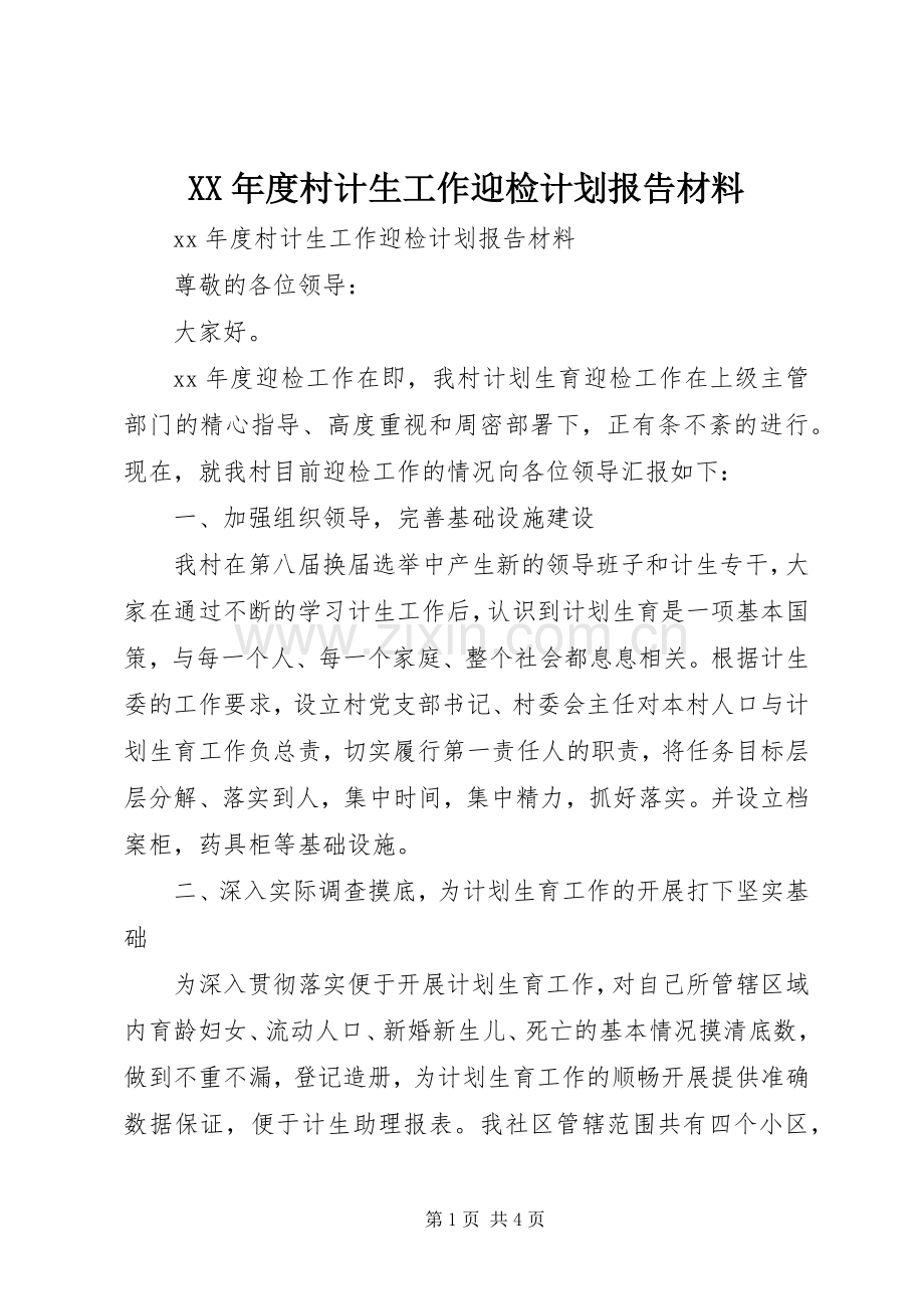 XX年度村计生工作迎检计划报告材料.docx_第1页