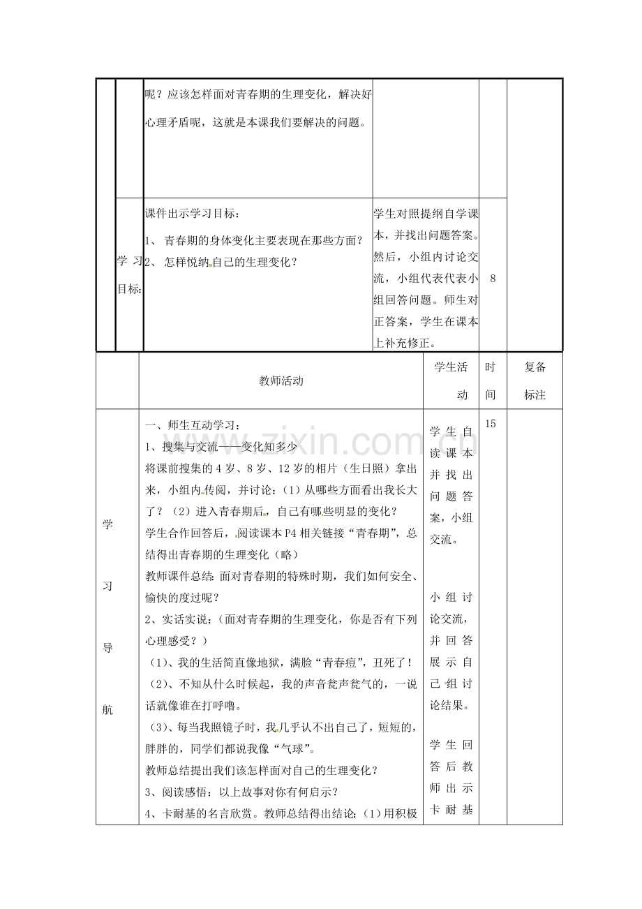 山东省邹平县实验中学七年级政治下册 第11课 第1节悦纳自己的生理变化教案 北师大版.doc_第2页