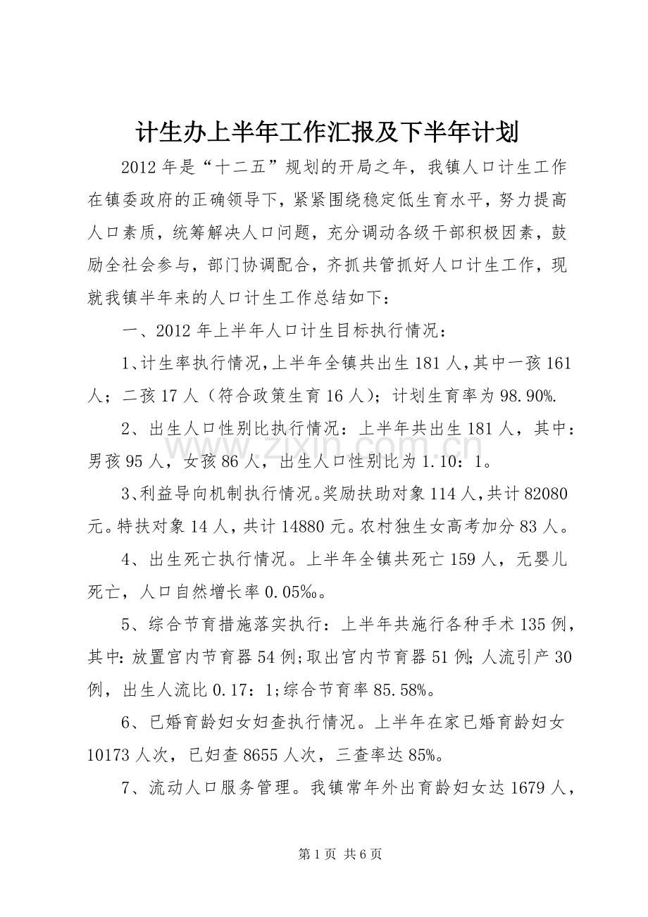 计生办上半年工作汇报及下半年计划.docx_第1页