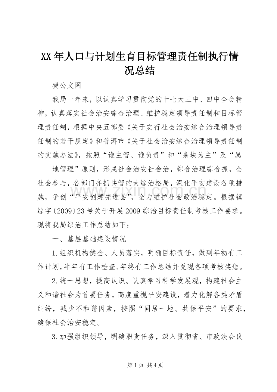 XX年人口与计划生育目标管理责任制执行情况总结 .docx_第1页