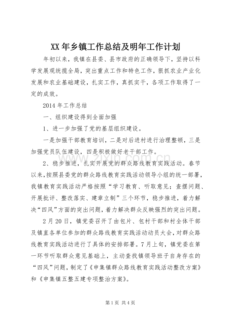 XX年乡镇工作总结及明年工作计划.docx_第1页