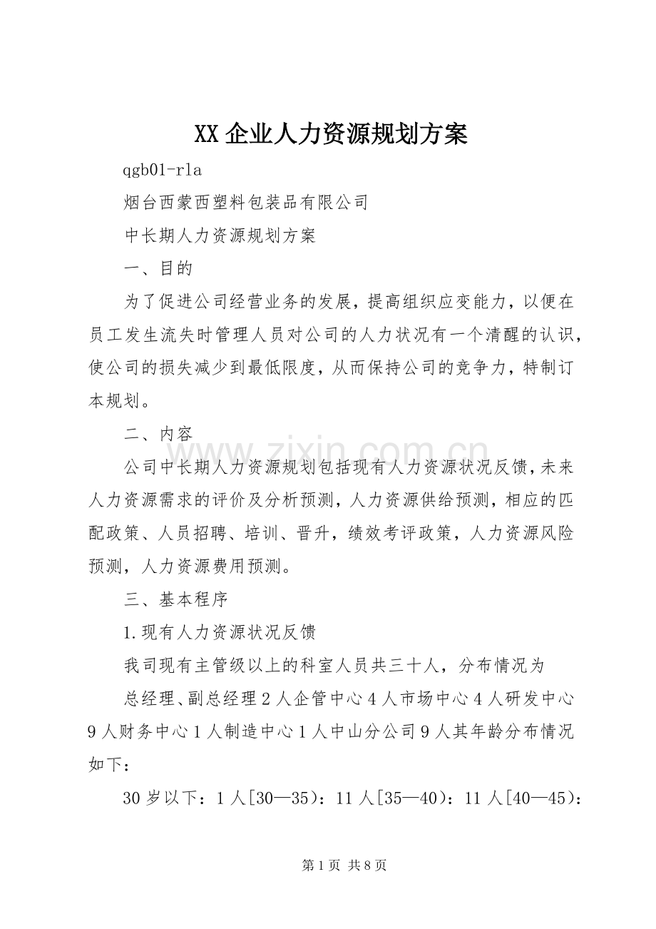 XX企业人力资源规划方案 .docx_第1页