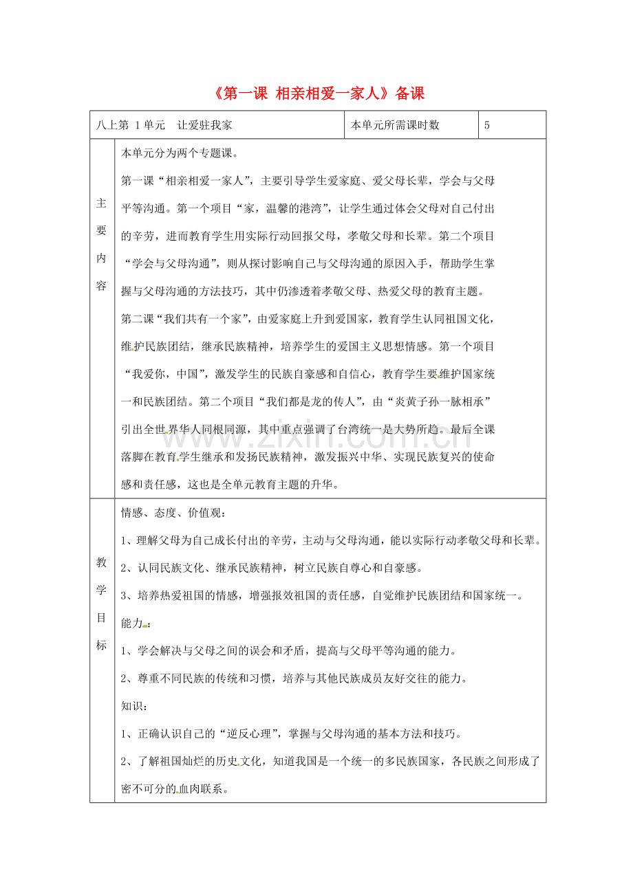 山东省滨州市邹平实验中学八年级政治上册《第一课 相亲相爱一家人》备课 鲁教版.doc_第1页