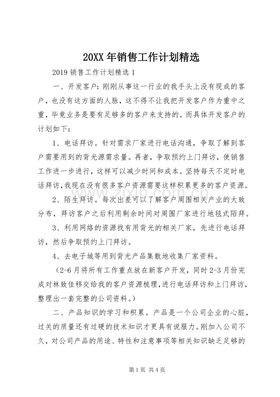 20XX年销售工作计划.docx_第1页