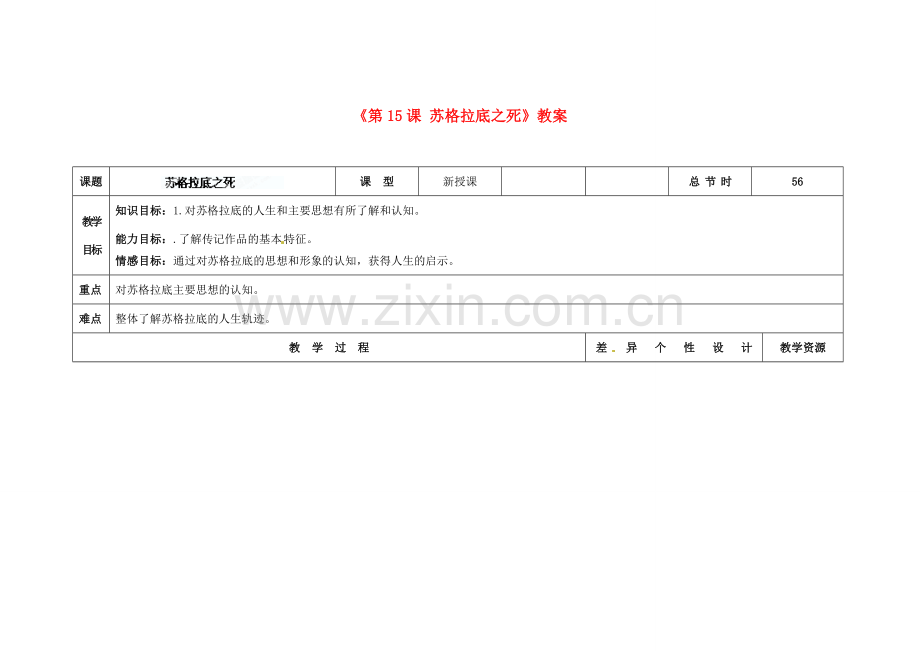 吉林省长春市第104中学八年级语文下册《第15课 苏格拉底之死》教案 长春版.doc_第1页