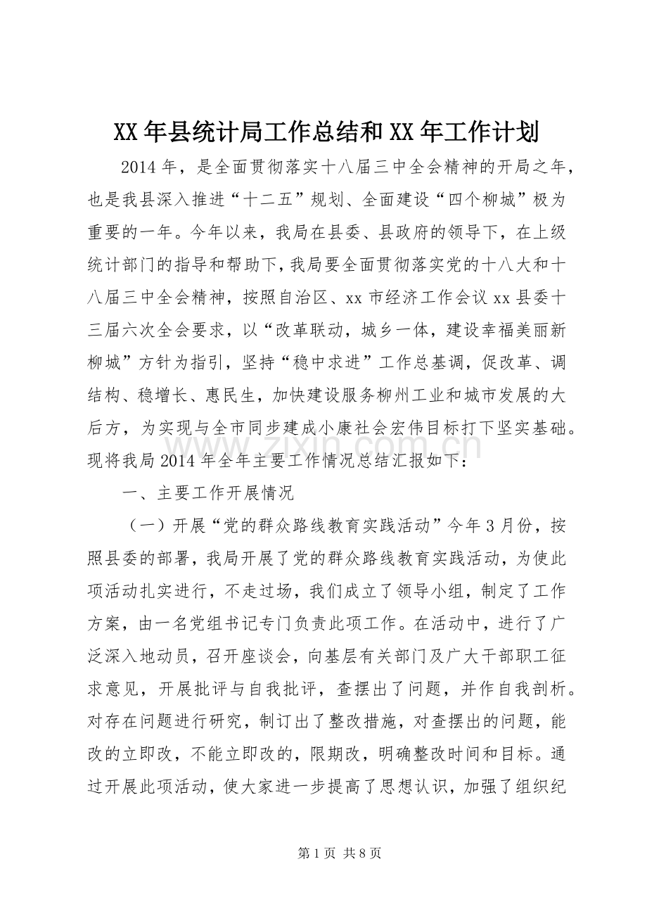 XX年县统计局工作总结和XX年工作计划.docx_第1页