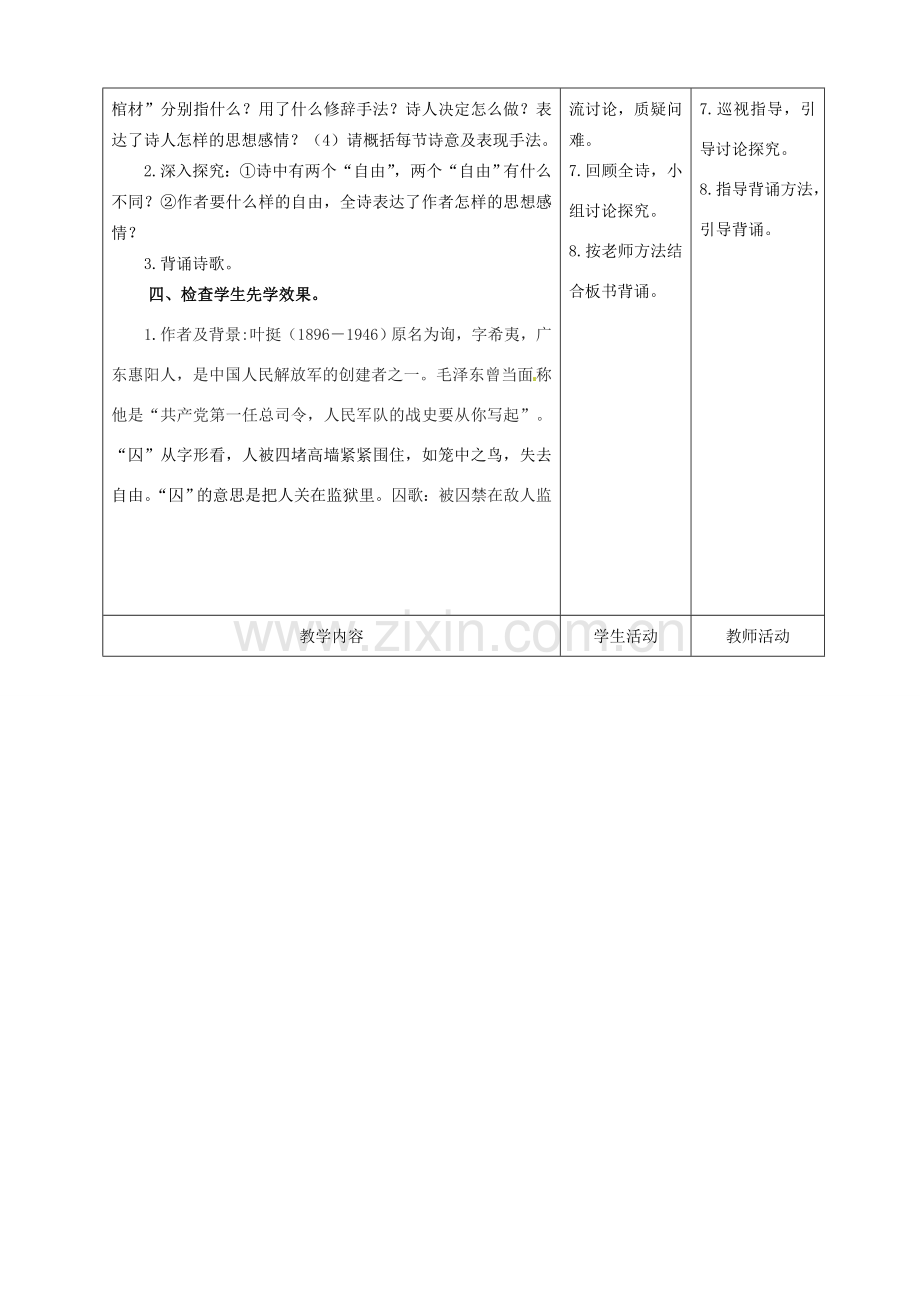 甘肃省酒泉市瓜州二中八年级语文下册《囚歌》教案 教案 北师大版.doc_第2页