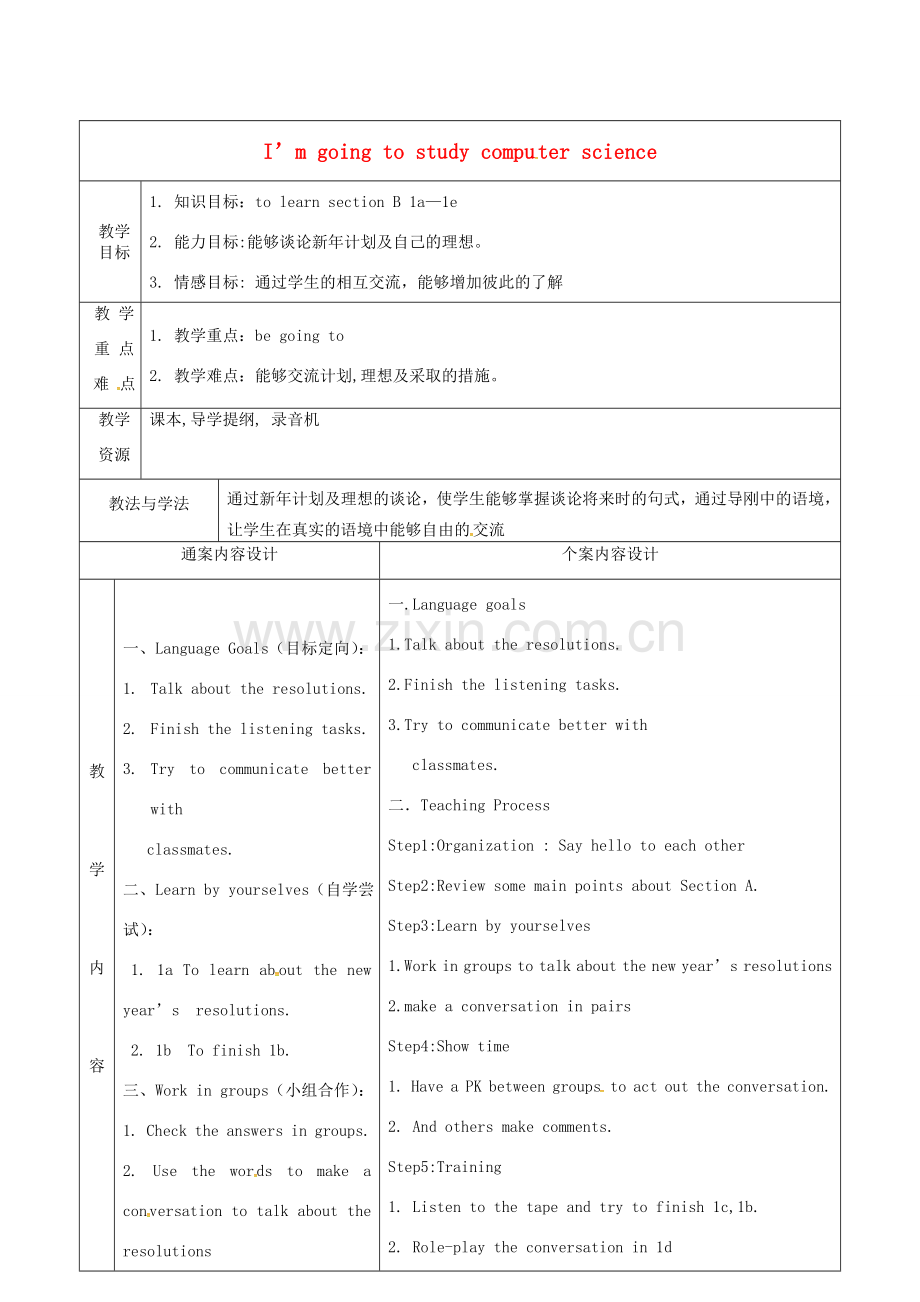 七年级英语下册 Unit 2 I’m going to study computer science教案4 鲁教版五四制-鲁教版五四制初中七年级下册英语教案.doc_第1页