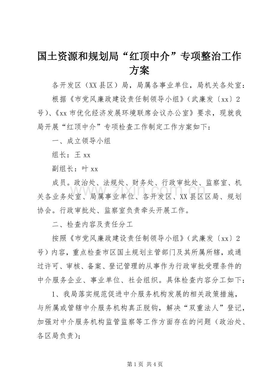 国土资源和规划局“红顶中介”专项整治工作方案.docx_第1页