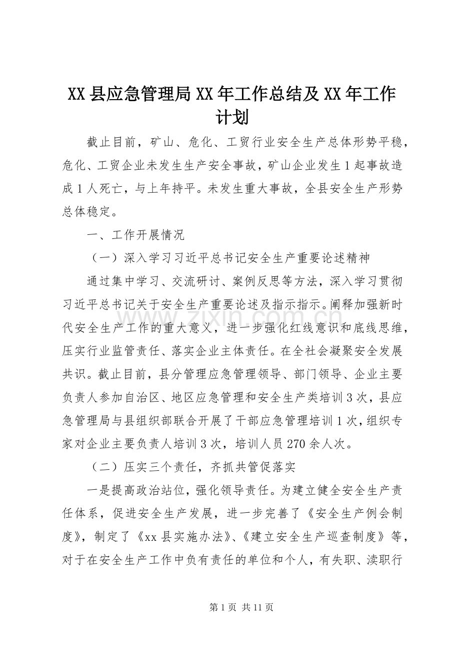 XX县应急管理局XX年工作总结及XX年工作计划.docx_第1页
