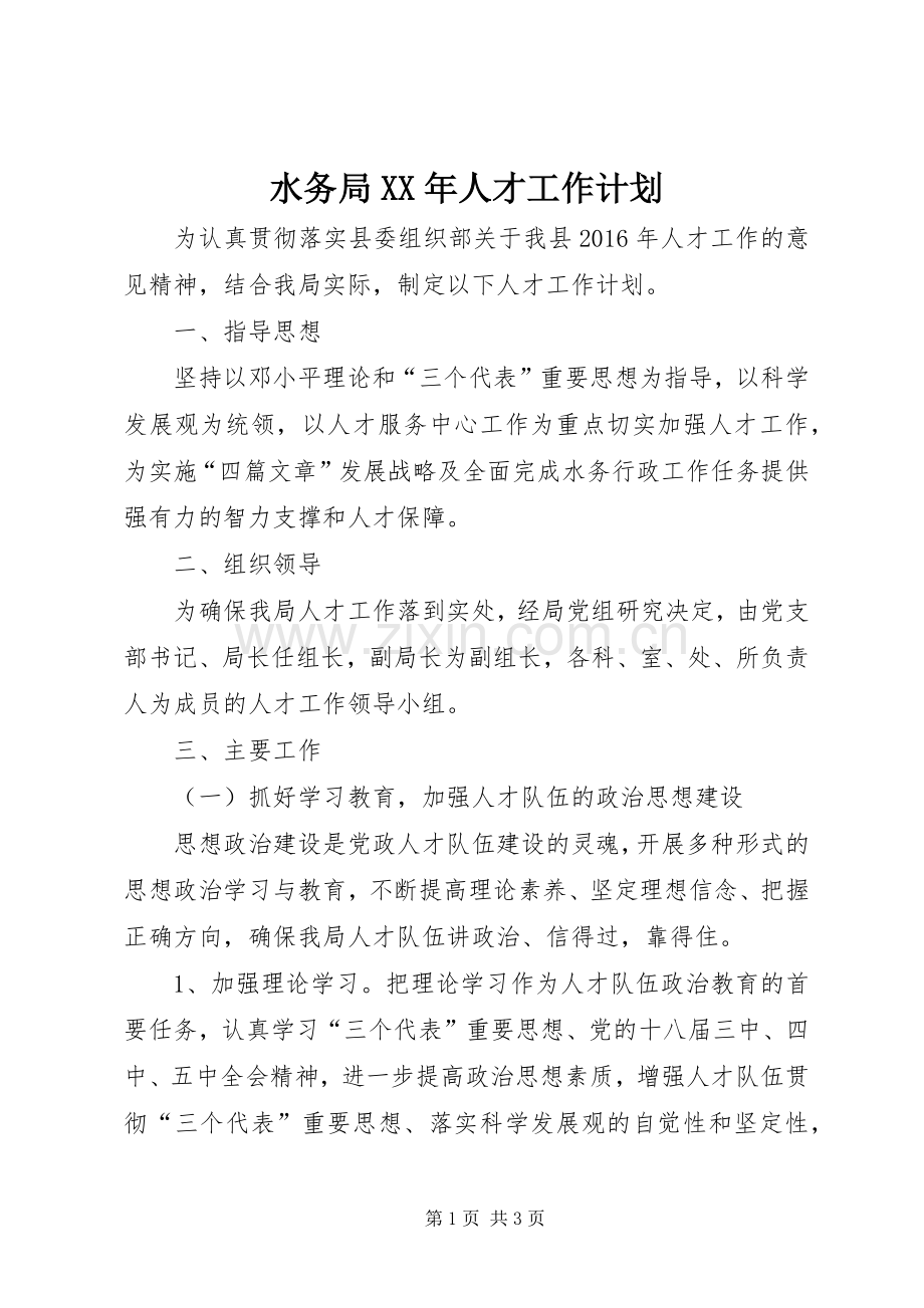 水务局XX年人才工作计划.docx_第1页