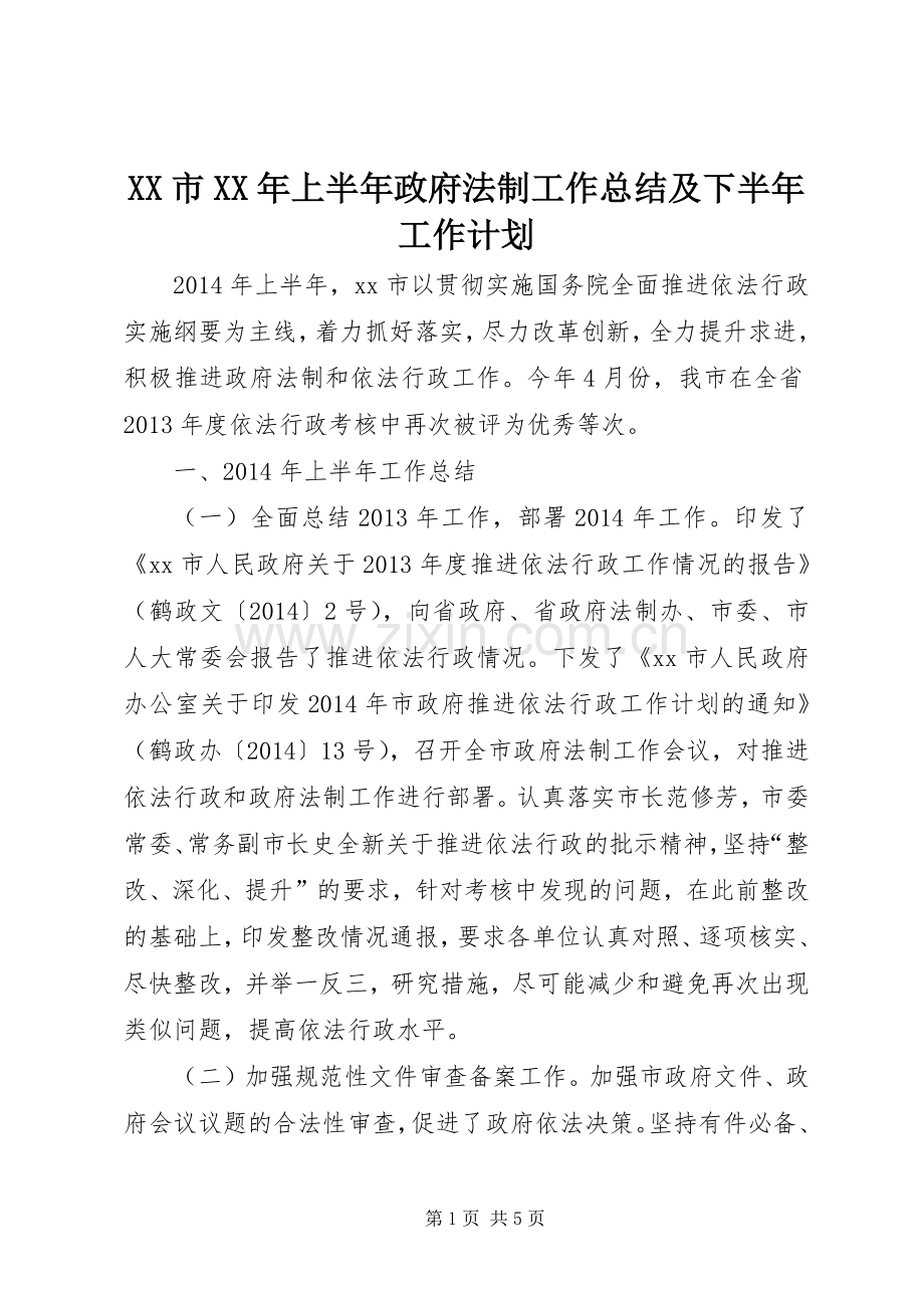 XX市XX年上半年政府法制工作总结及下半年工作计划.docx_第1页