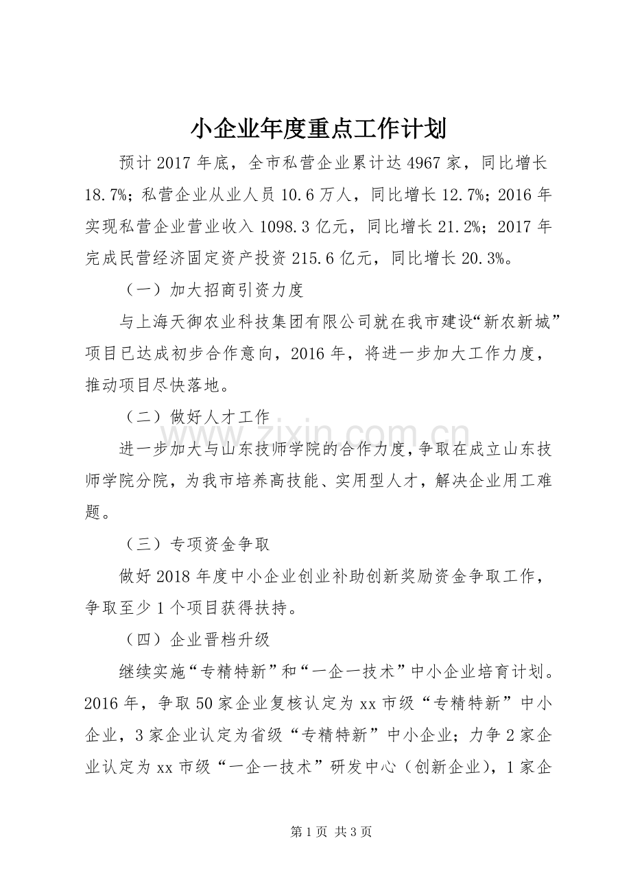 小企业年度重点工作计划.docx_第1页