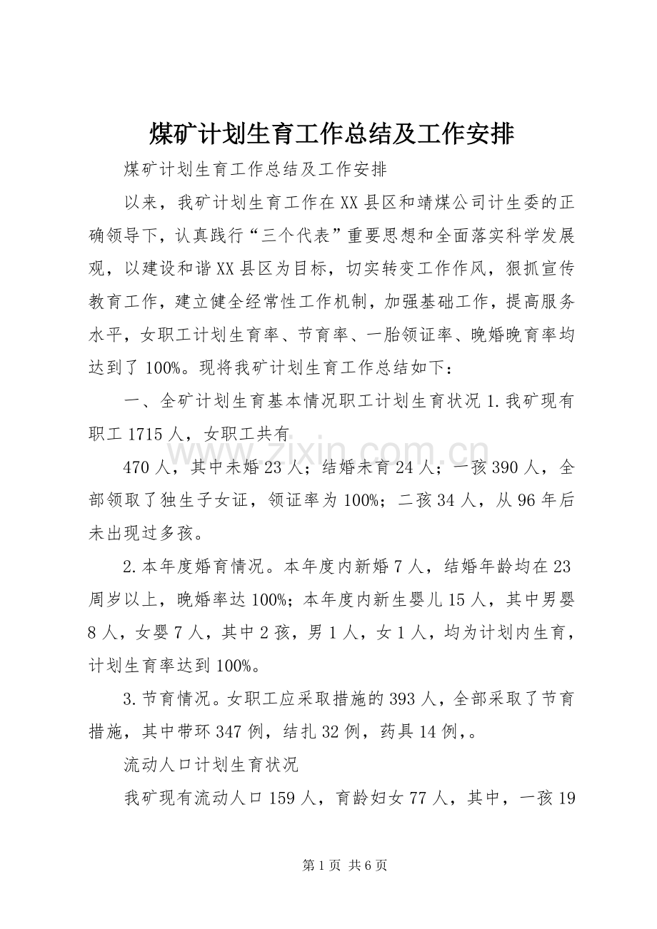 煤矿计划生育工作总结及工作安排.docx_第1页
