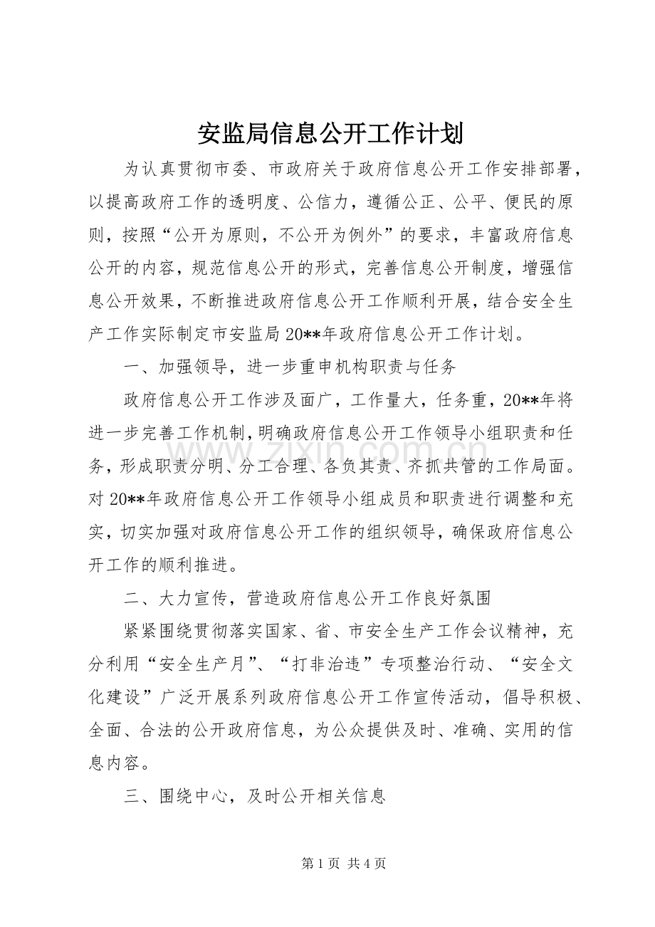 安监局信息公开工作计划.docx_第1页