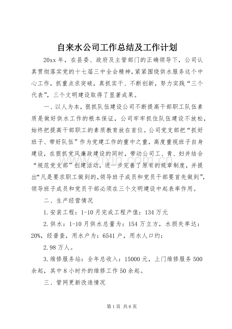 自来水公司工作总结及工作计划_1.docx_第1页