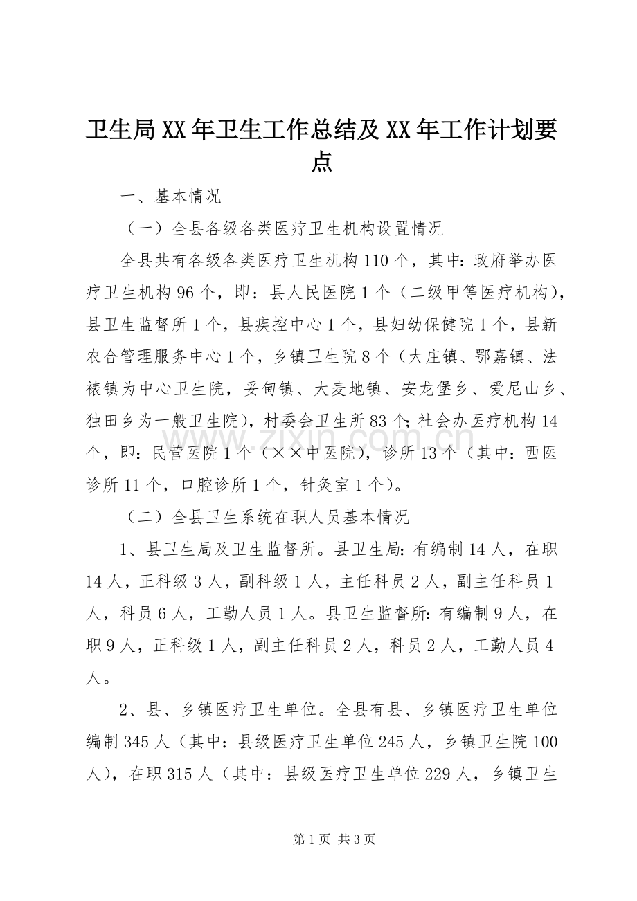 卫生局XX年卫生工作总结及XX年工作计划要点.docx_第1页