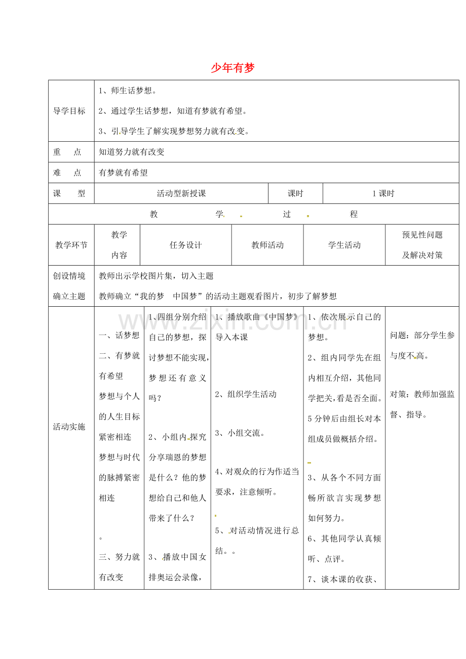 时代 第2框 少年有梦教案 新人教版-新人教版初中七年级上册政治教案.doc_第1页
