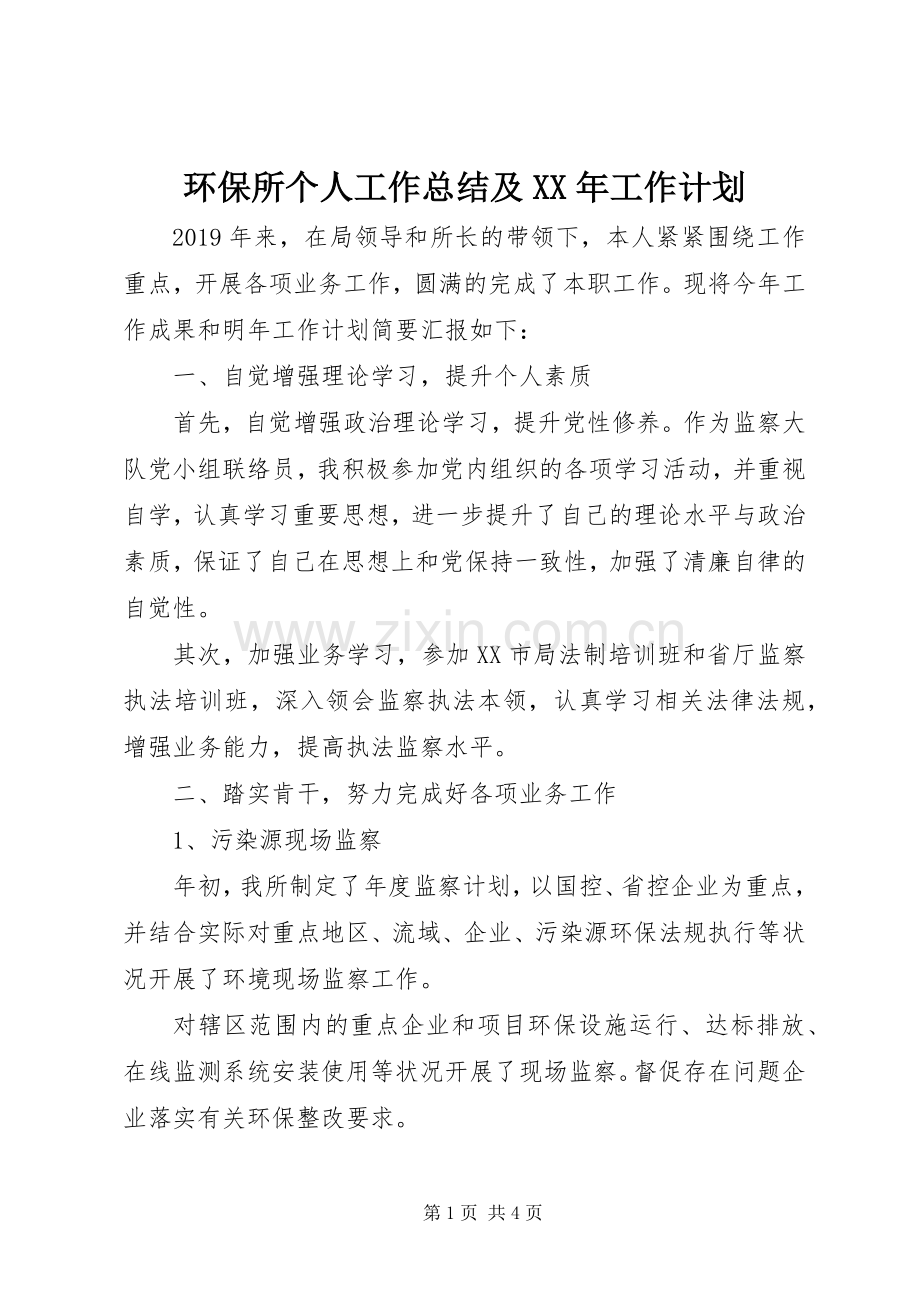 环保所个人工作总结及XX年工作计划.docx_第1页