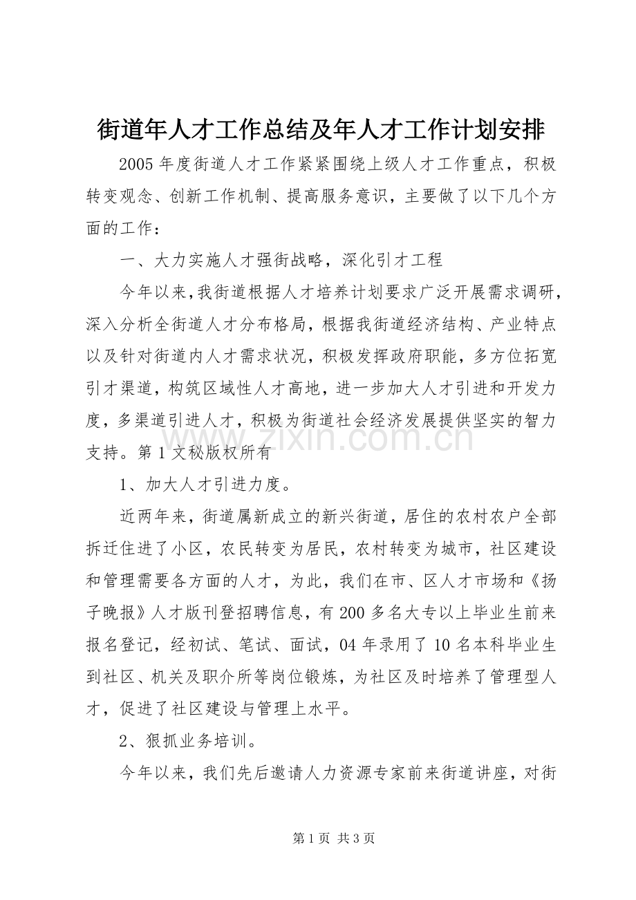 街道年人才工作总结及年人才工作计划安排 .docx_第1页