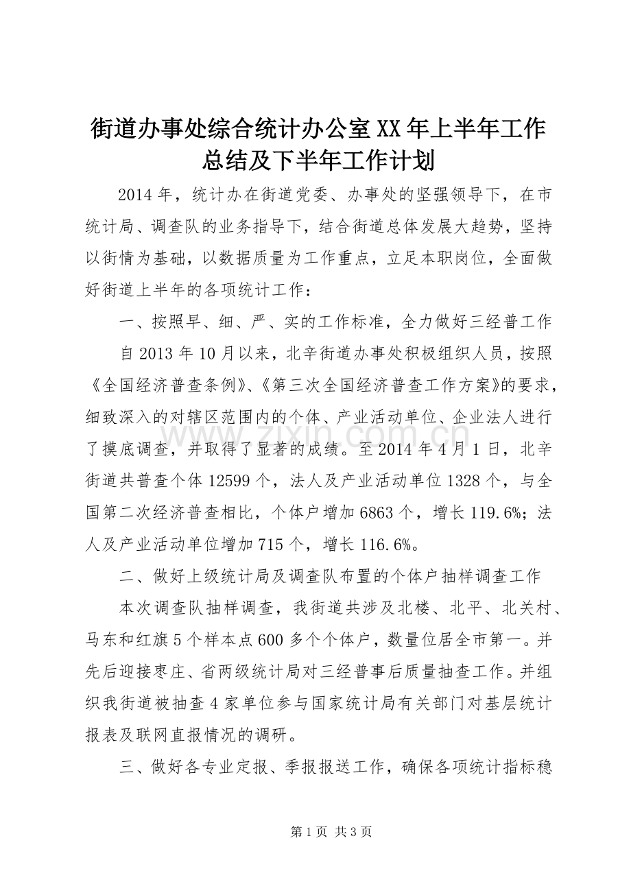 街道办事处综合统计办公室XX年上半年工作总结及下半年工作计划.docx_第1页