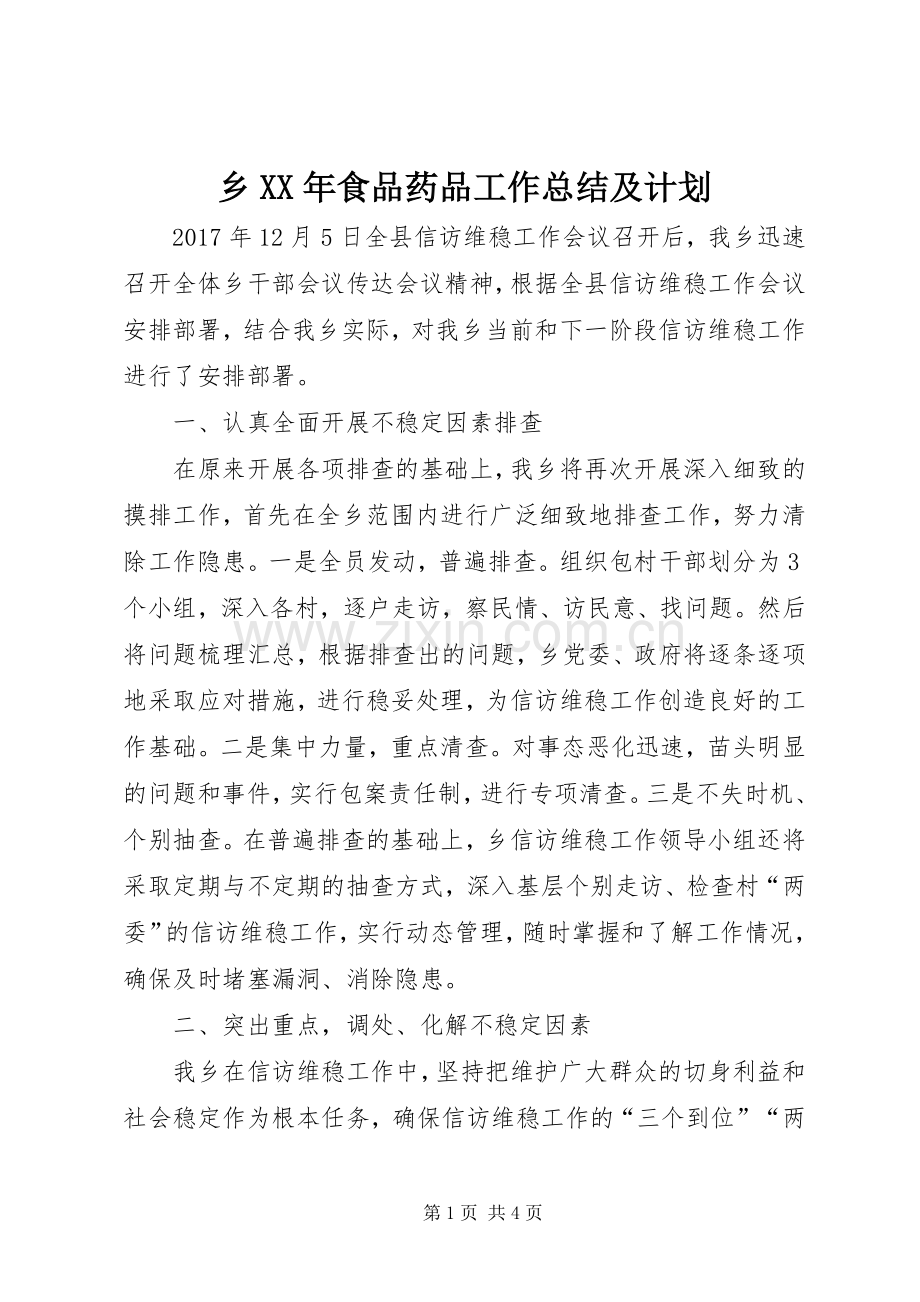 乡XX年食品药品工作总结及计划_1.docx_第1页