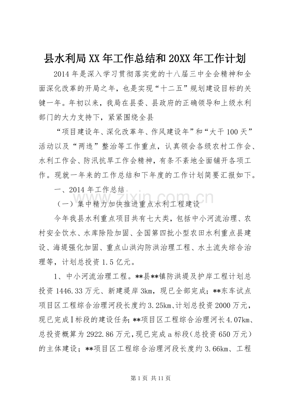 县水利局XX年工作总结和20XX年工作计划 .docx_第1页