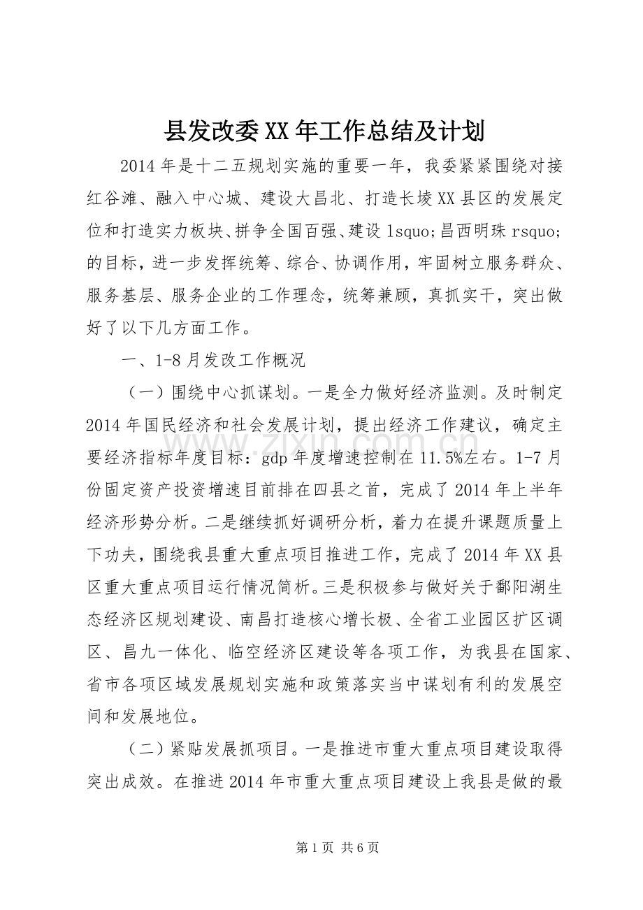 县发改委XX年工作总结及计划.docx_第1页