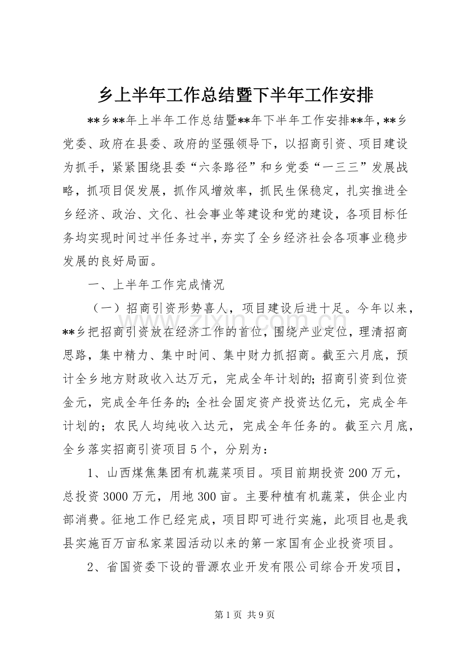 乡上半年工作总结暨下半年工作安排.docx_第1页