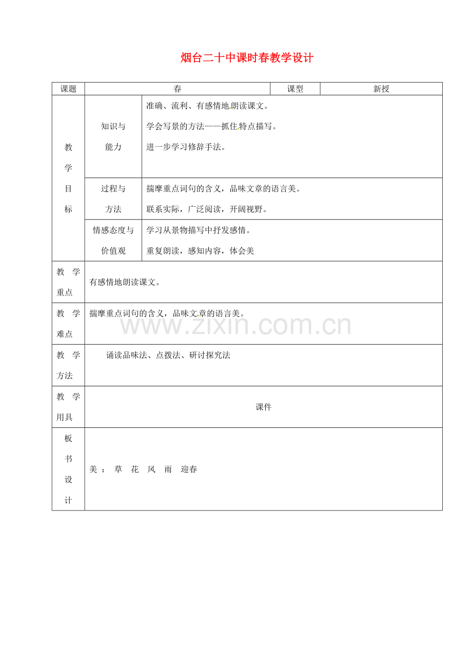 山东省烟台20中七年级语文 《春（第二课时）》教学设计.doc_第1页