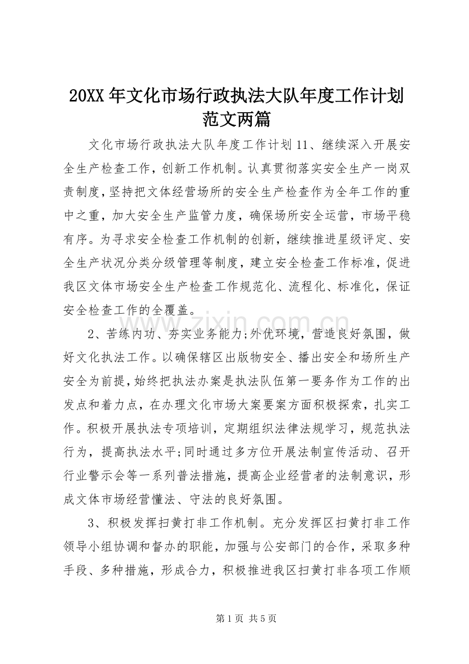 20XX年文化市场行政执法大队年度工作计划范文两篇.docx_第1页