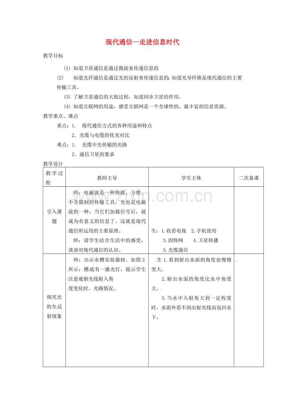 九年级物理下册 17.3 现代通信—走进信息时代教案 苏科版-苏科版初中九年级下册物理教案.doc_第1页