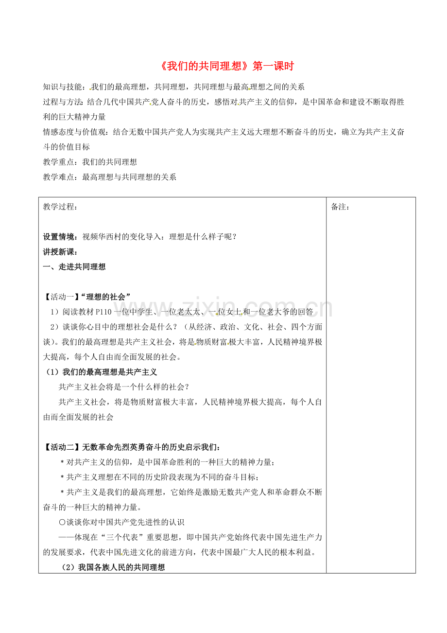 福建省福清西山学校九年级政治《我们的共同理想》第一课时教案.doc_第1页