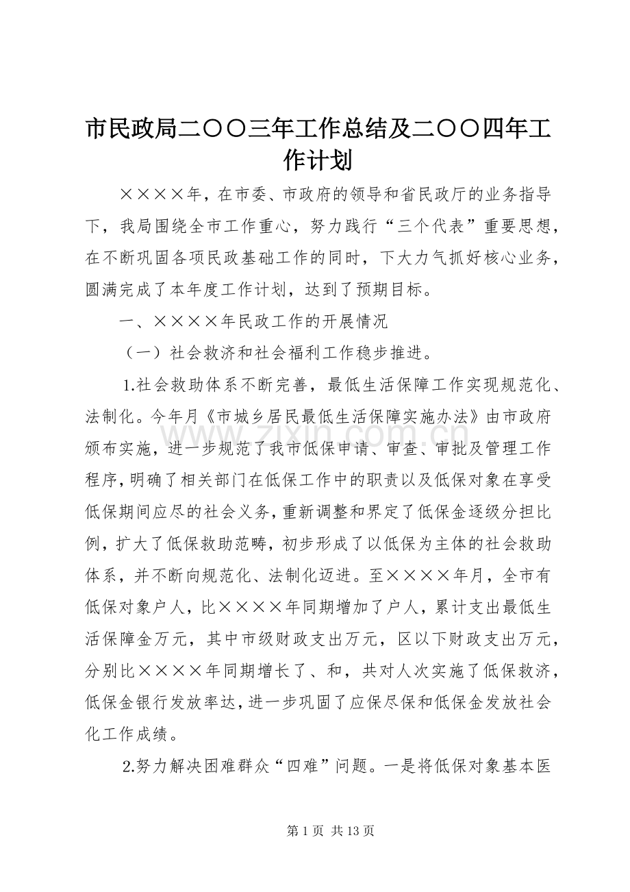 市民政局二○○三年工作总结及二○○四年工作计划 .docx_第1页