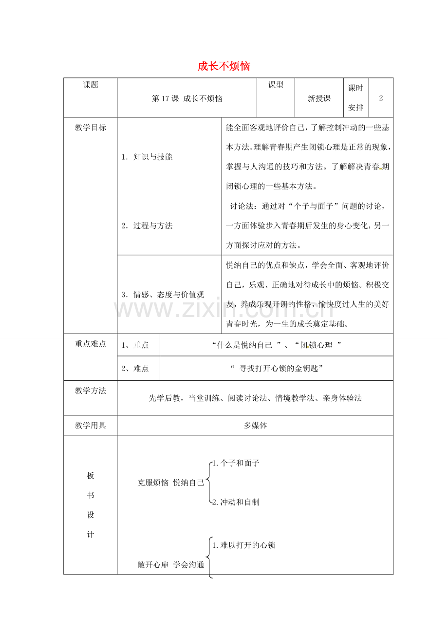 七年级政治下册 第17课 成长不烦恼教学设计 苏教版.doc_第1页