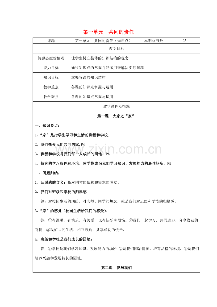 广西灵山县金龙中学七年级政治下册 第一单元 共同的责任知识点复习教案 教科版.doc_第1页