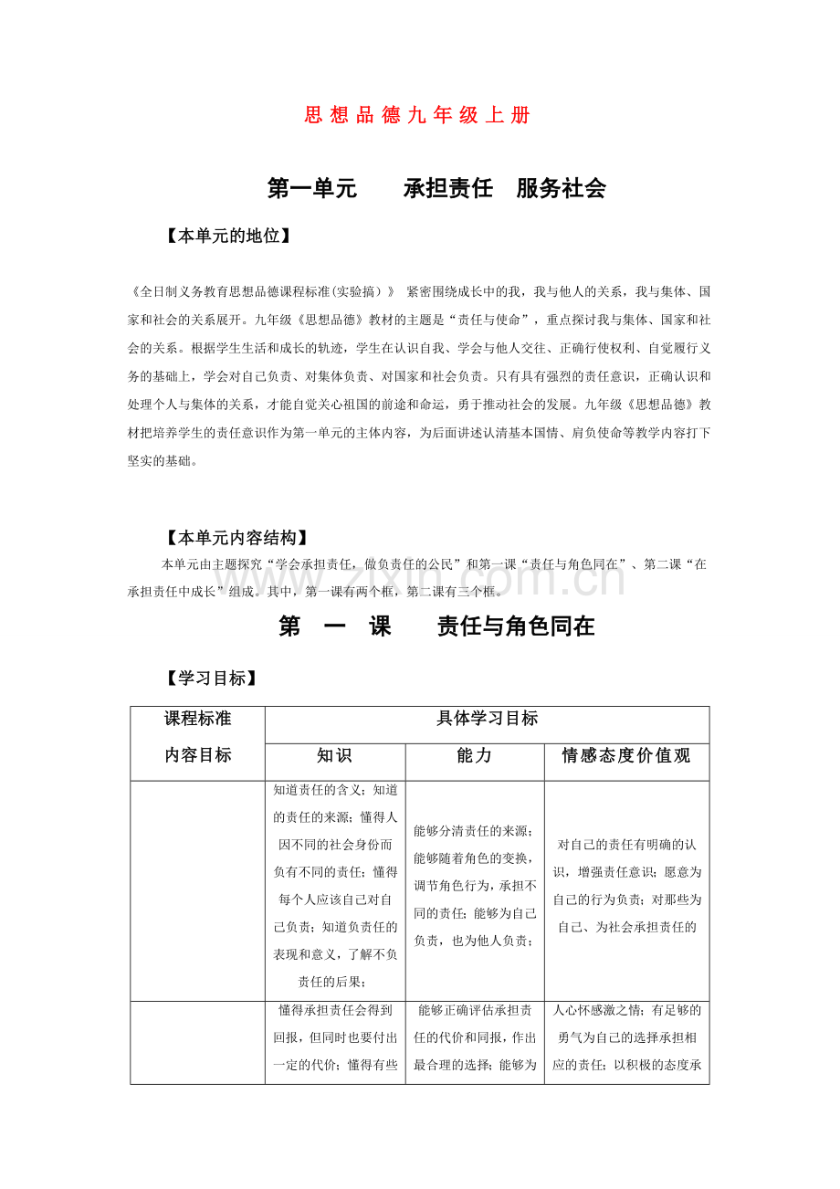 九年级政治第一单元教学设计人教版.doc_第1页