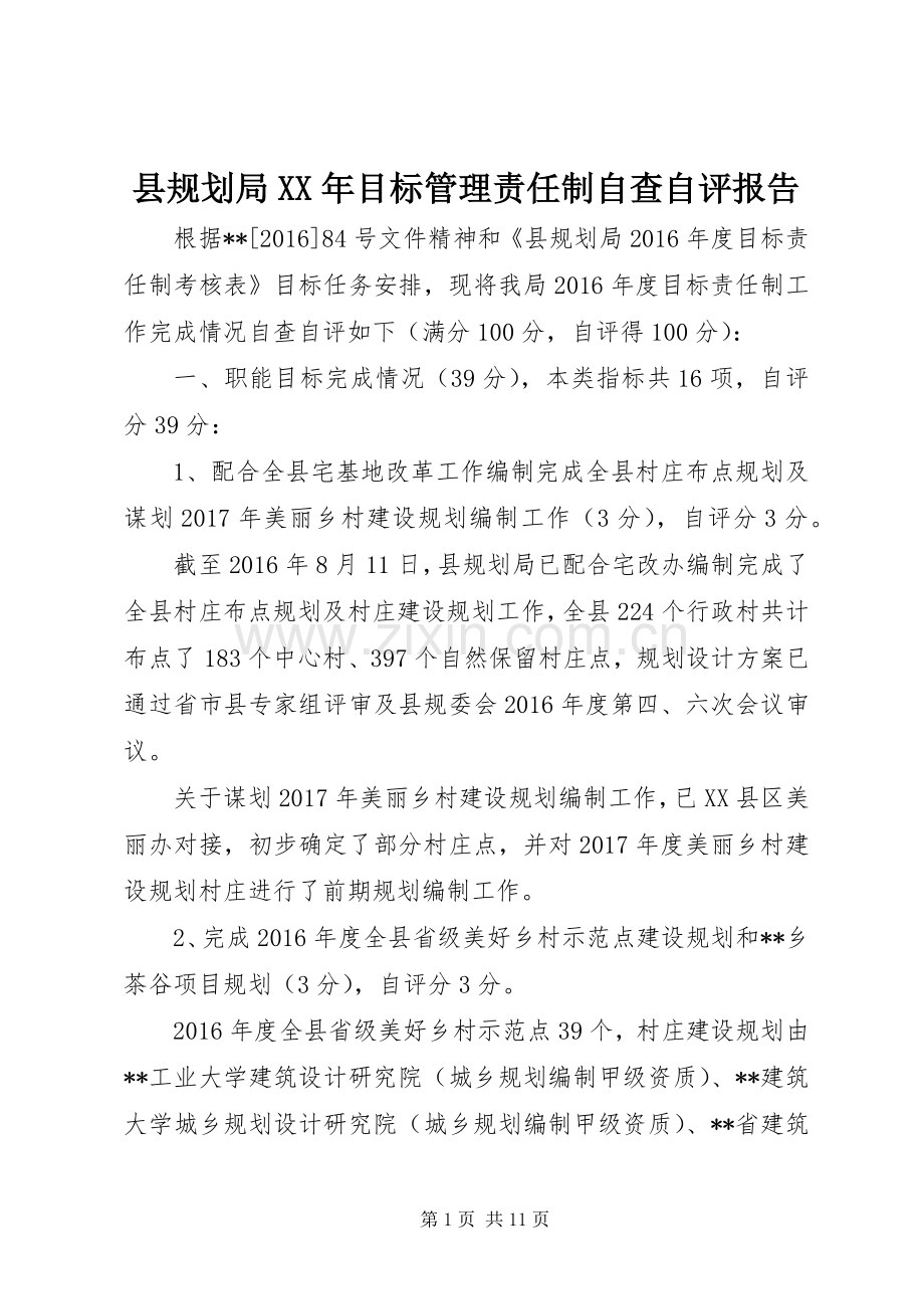 县规划局XX年目标管理责任制自查自评报告.docx_第1页
