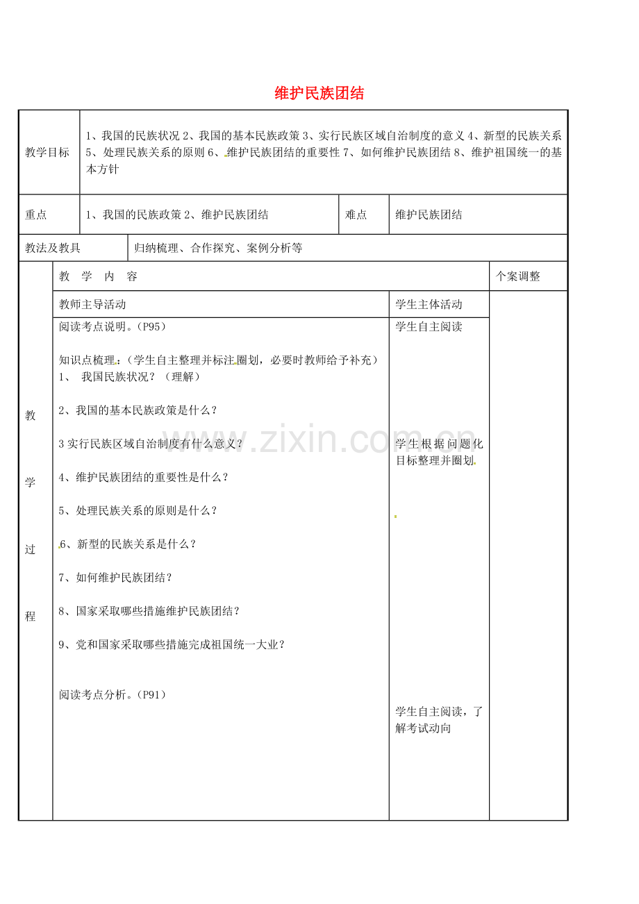 九年级政治全册 考点19 维护民族团结教案 苏教版-苏教版初中九年级全册政治教案.doc_第1页