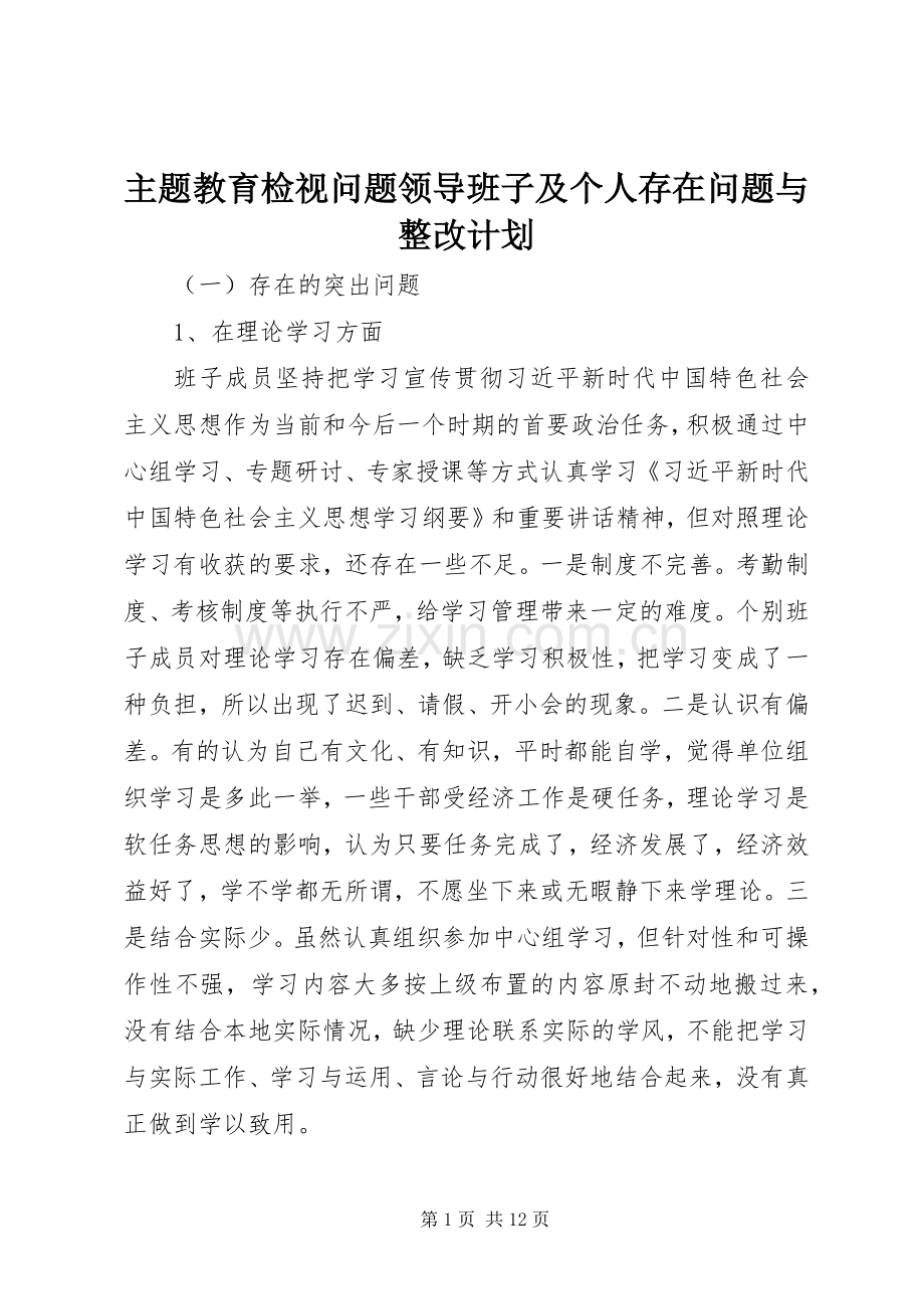 主题教育检视问题领导班子及个人存在问题与整改计划 .docx_第1页