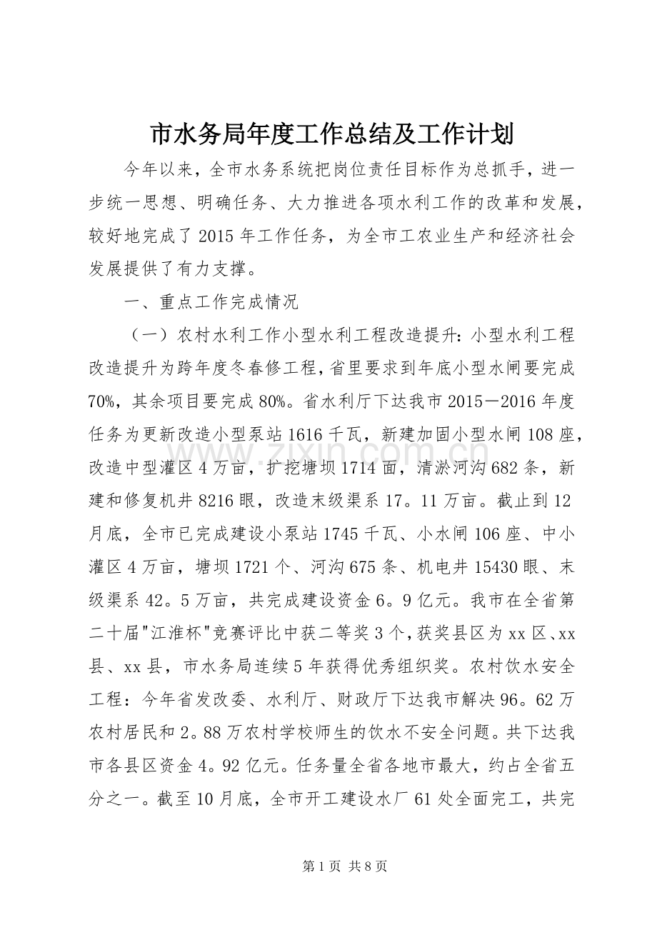 市水务局年度工作总结及工作计划.docx_第1页